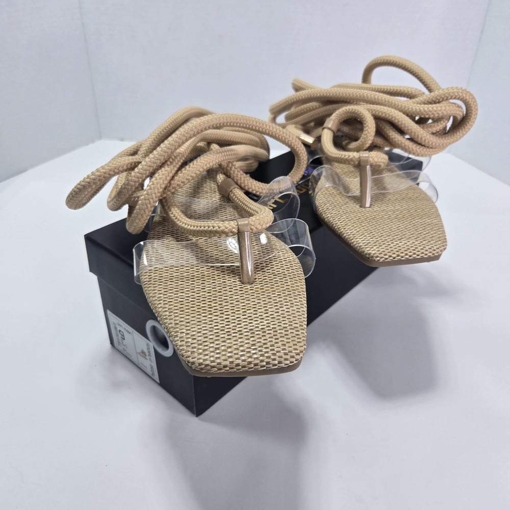 Cape Robbin Amoralyn Taupe Woven LaceUp Ankle Wrap Sandal Clear Toe Strap Size 9 - Picture 2 of 6